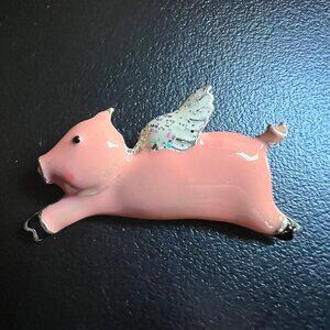 When Pigs Fly Brooch Pink Enamel Silver Tone Glitter Accent Figural Pin